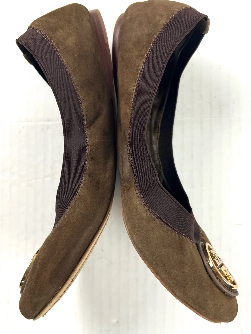 Tory Burch Brown Suede Logo Ballet Flats with Gold Emblem